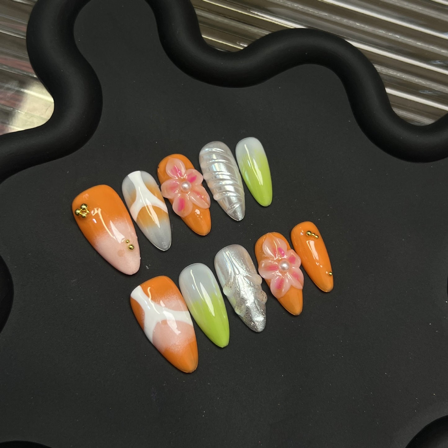 Handmade almond nail carving California sunset nail art nail tip