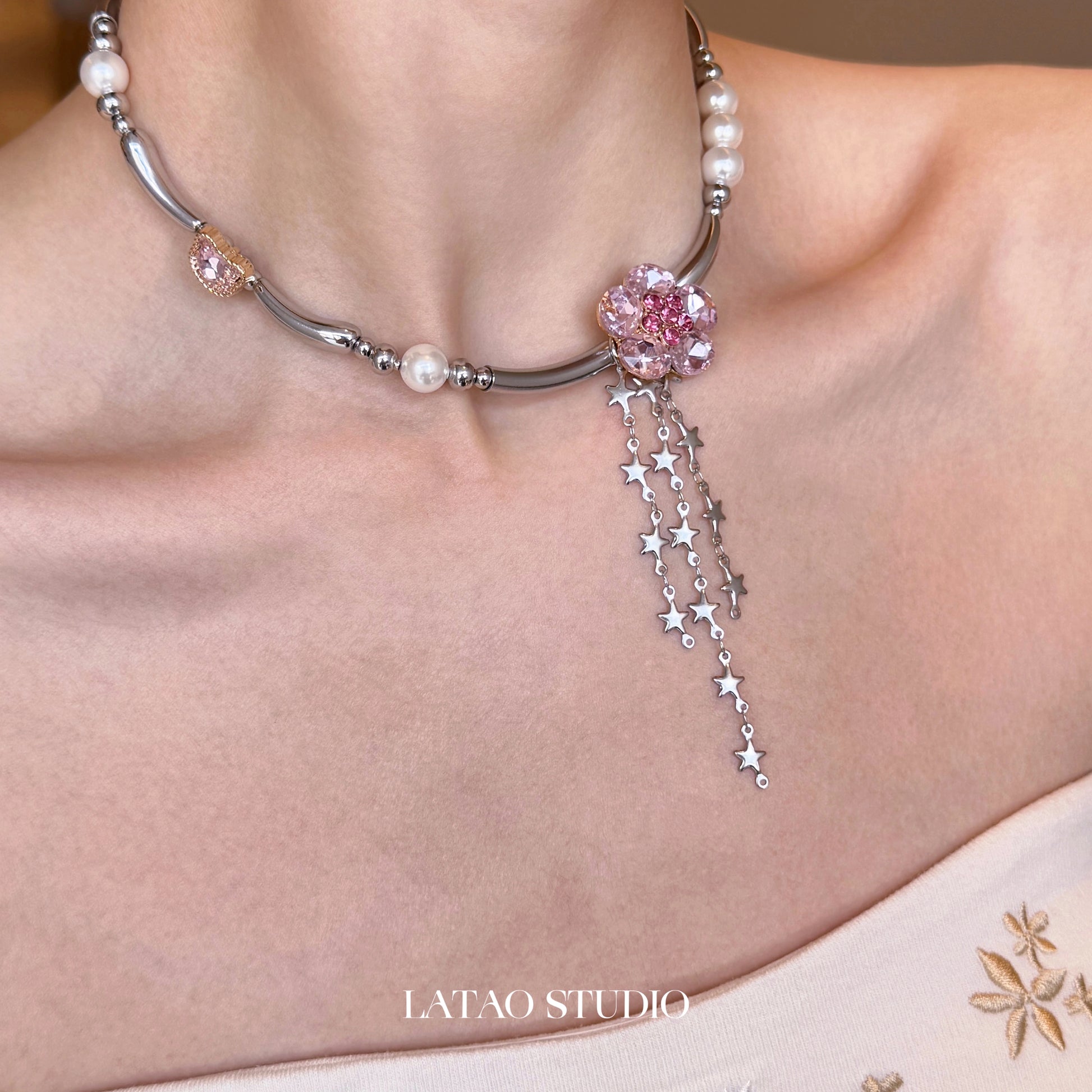 Barbie Jenny Pink Diamond Flower Pearl Tassel Titanium Steel Necklace