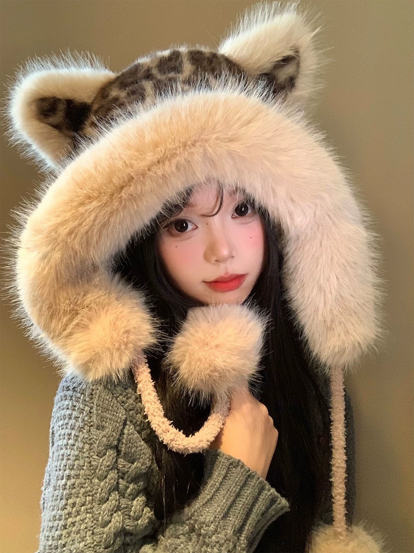 Leopard print fox ear plush hat