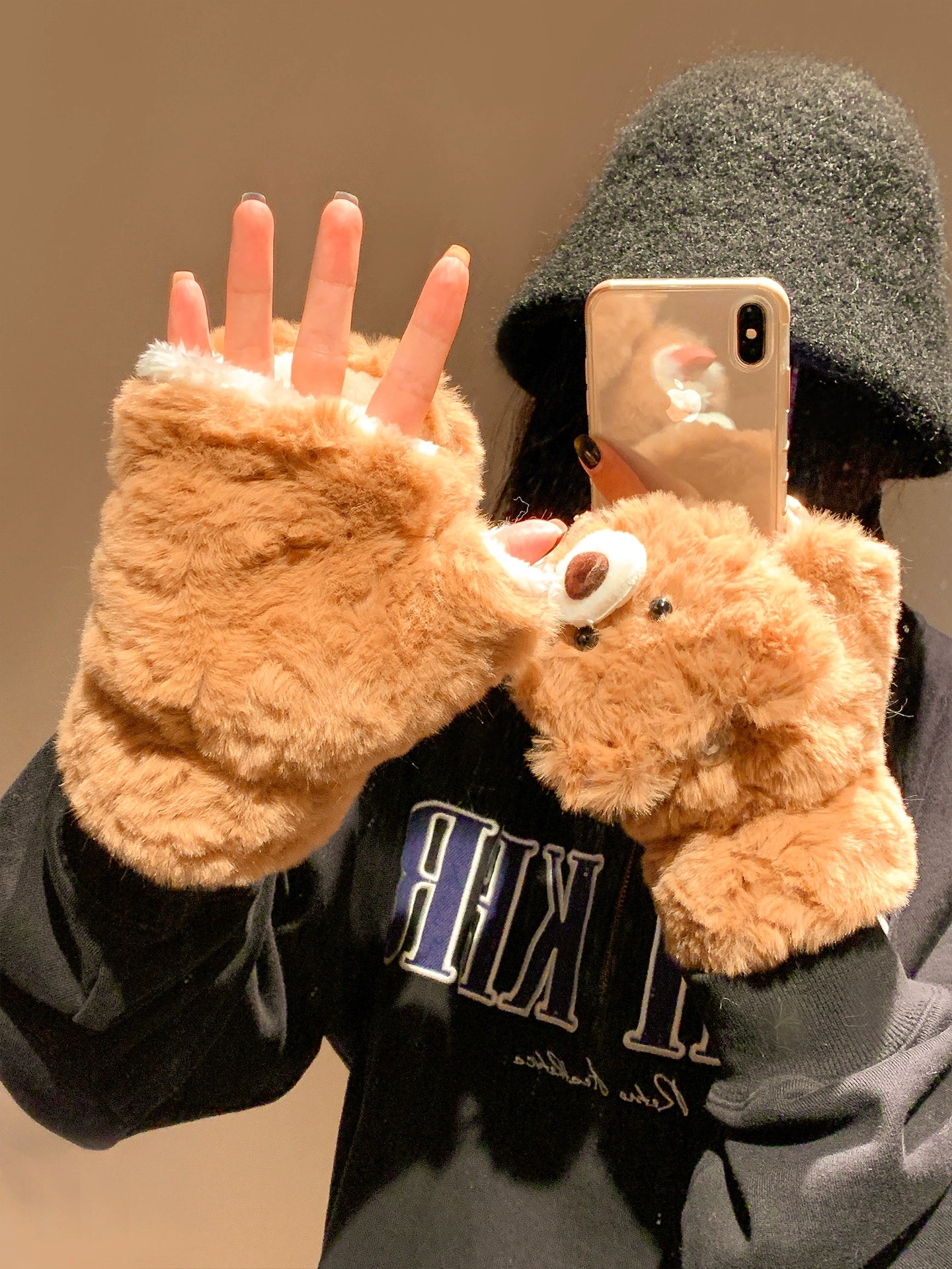 Cute teddy bear flip half finger plush gloves