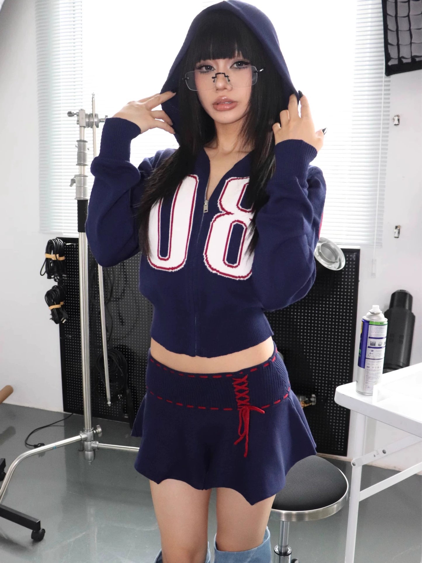 wool set navy blue/dark red, miniskirt + hooded zipper jacket