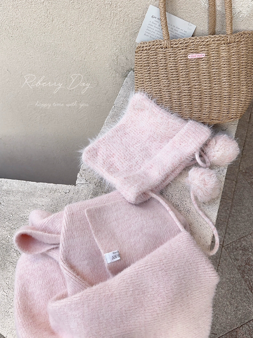 Imitation mink fur soft pink handmade fur ball cat ear hat scarf