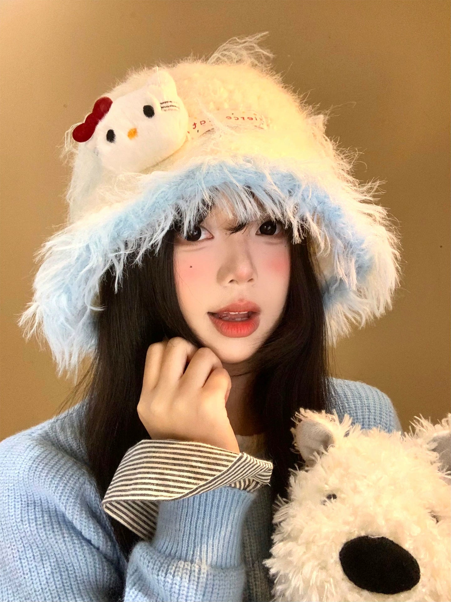 Kitty cat plush knitted fisherman hat