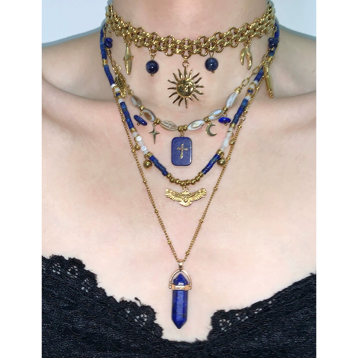 Mondrian Retro Blue Gold Sun Cross Lapis Stone Necklace