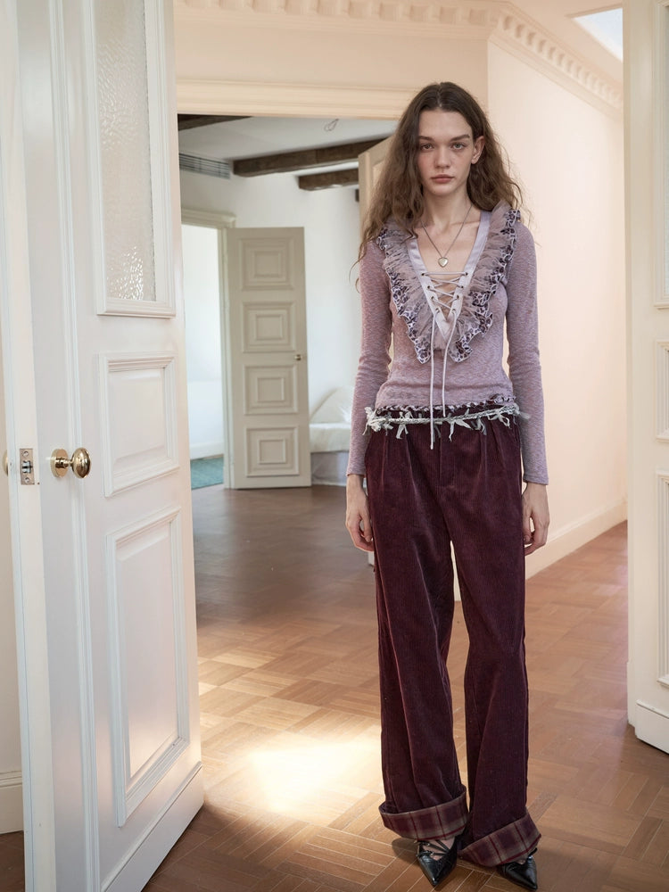 Water Bear original design V-neck lace up multi-layer ruffle romantic knit top