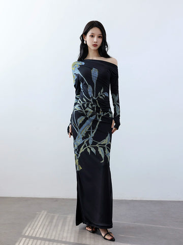 Printed diagonal shoulder mesh dress