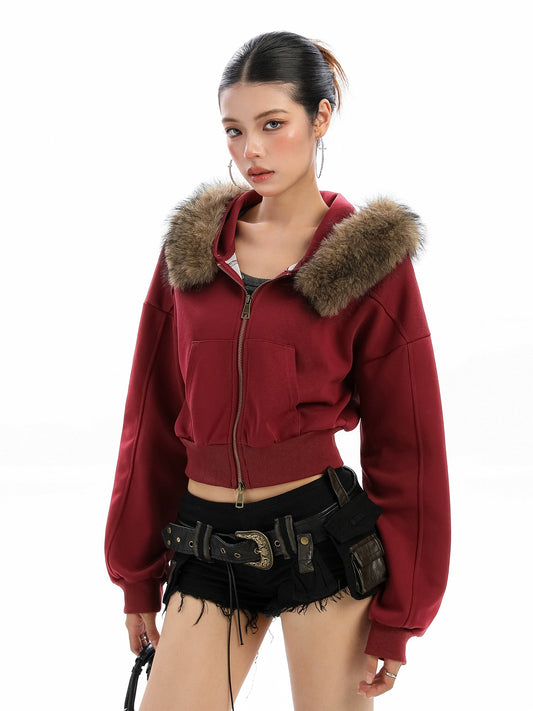 Detachable fur collar hooded short hoodie