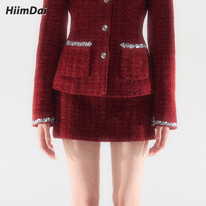 Silver-Woven Wine Red Jacket & mini Skirt Set