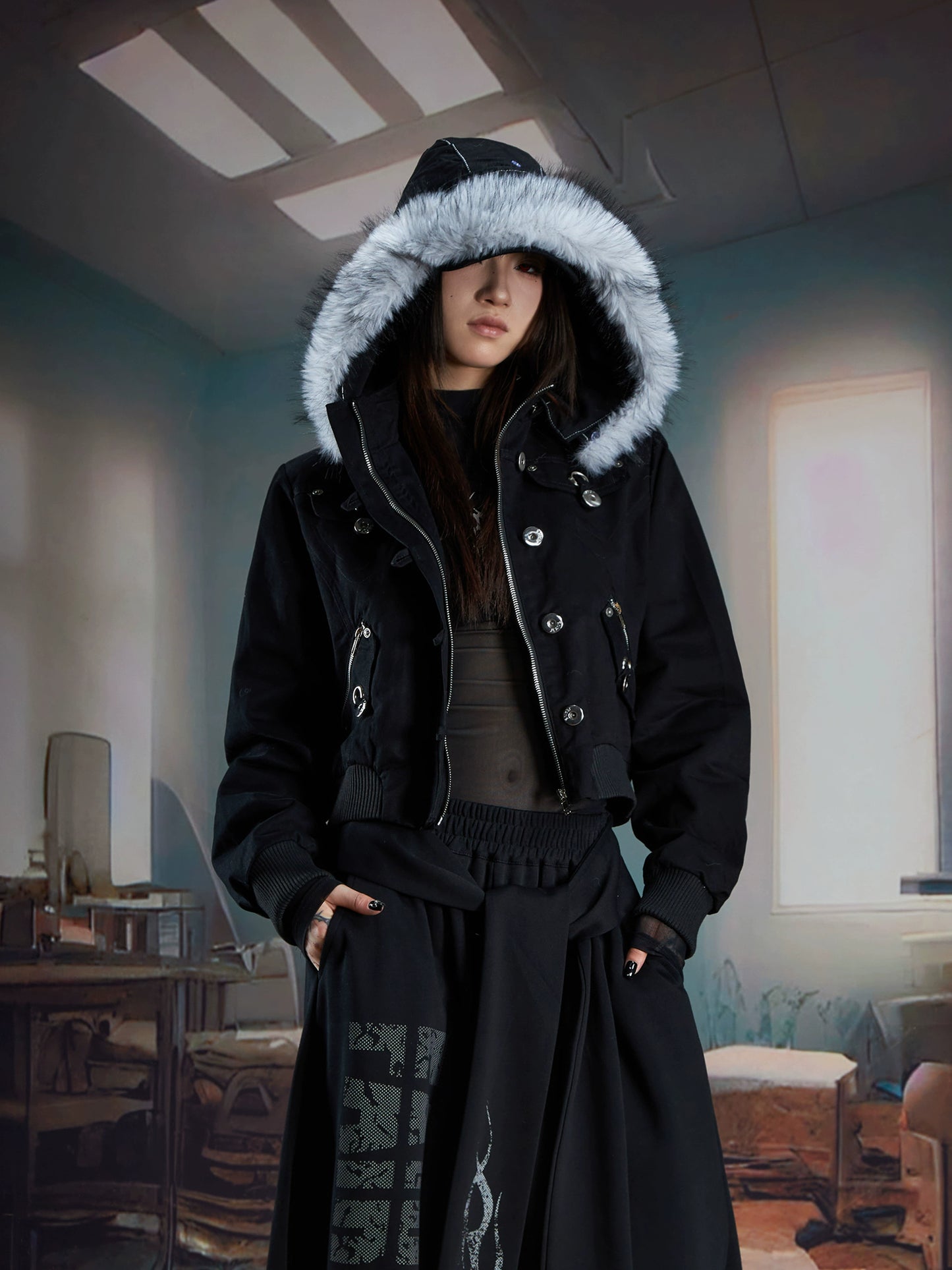 Detachable fur hooded punk jacket