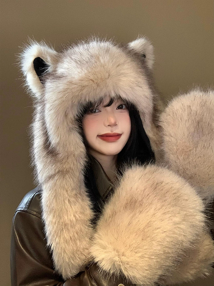 Cute fox ears plush hat scarf hat in one