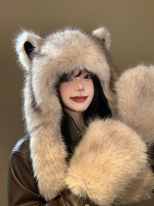 Cute fox ears plush hat scarf hat in one