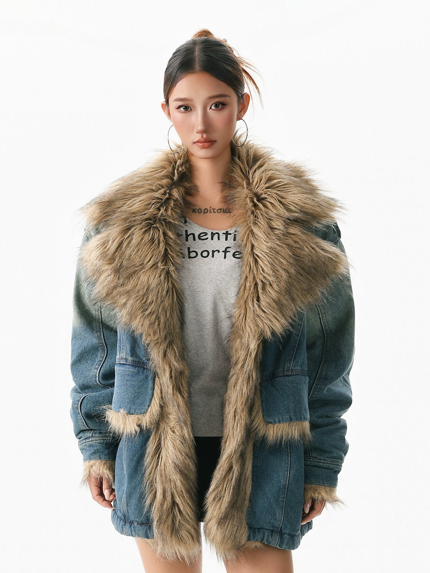 Retro fur collar denim cotton jacket