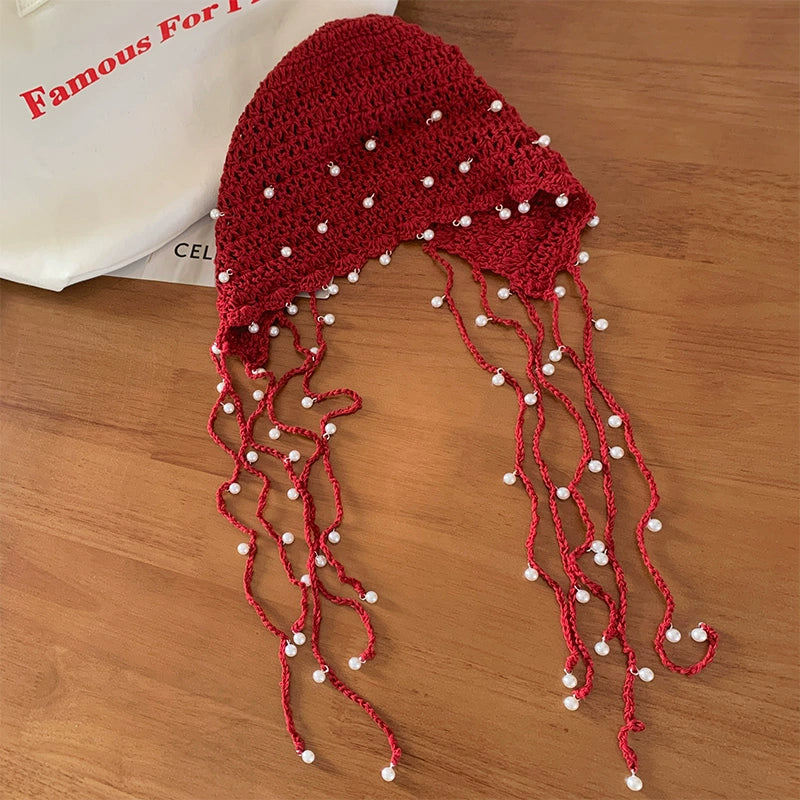 Hollow pearl tassel pendant headband cap