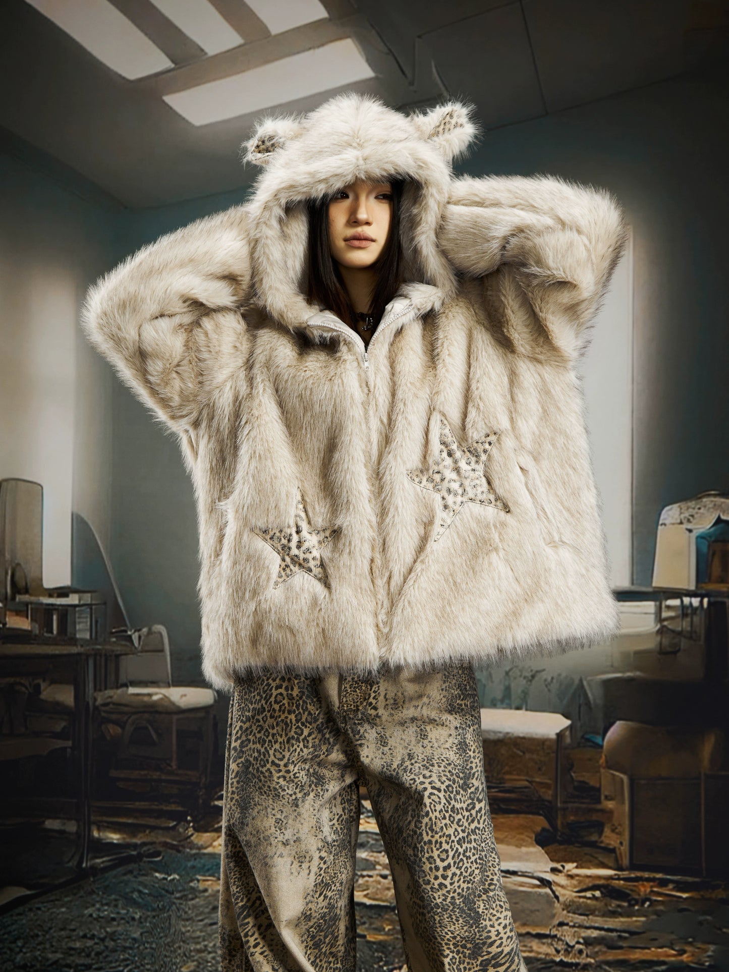 Imitation mink fur ear hooded star clip cotton zipper jacket