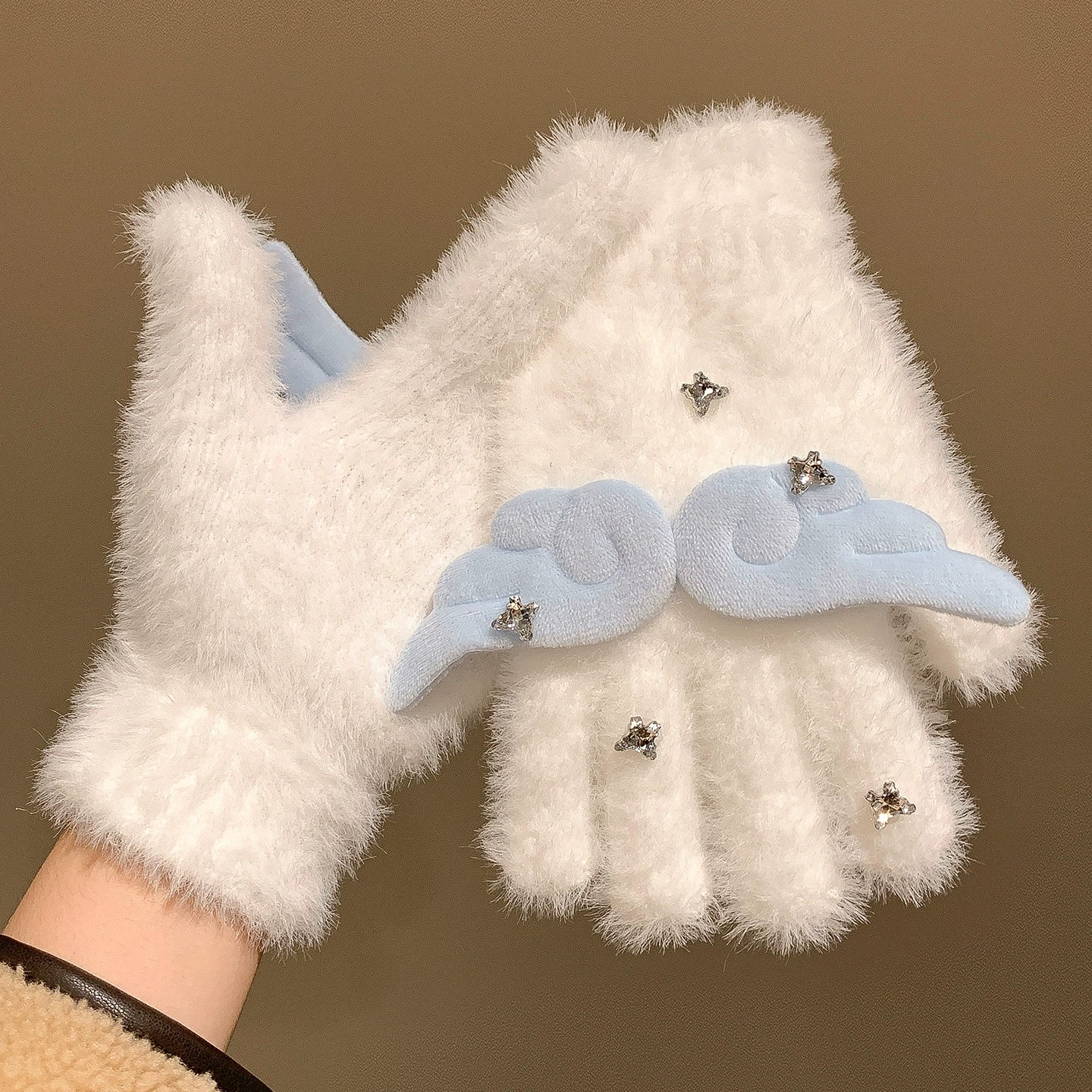 Cute sparkling diamond angel wings plush knitted gloves
