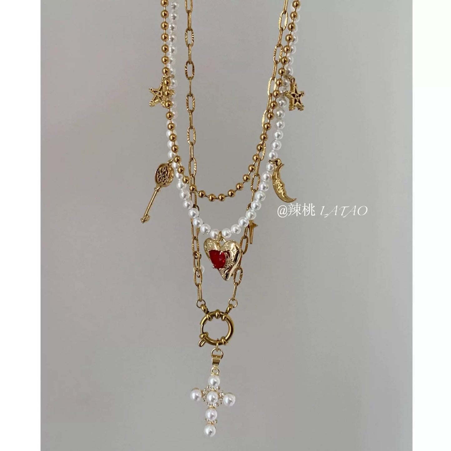 Diana Pearl Love Gold Clock Cross Necklace choker