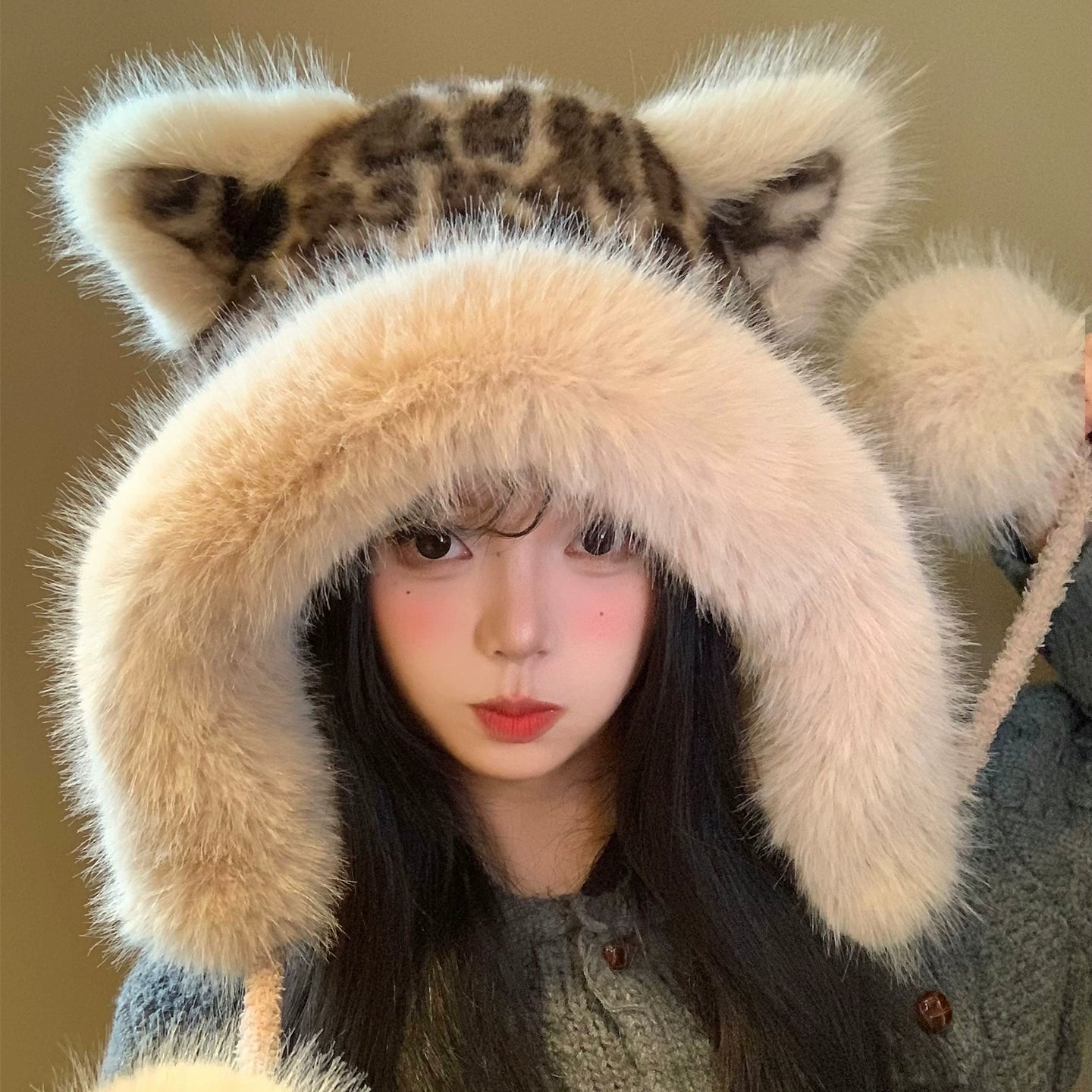 Leopard print fox ear plush hat