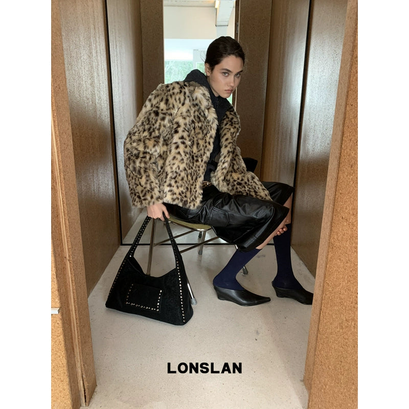 Flip collar buckle leopard print fur coat