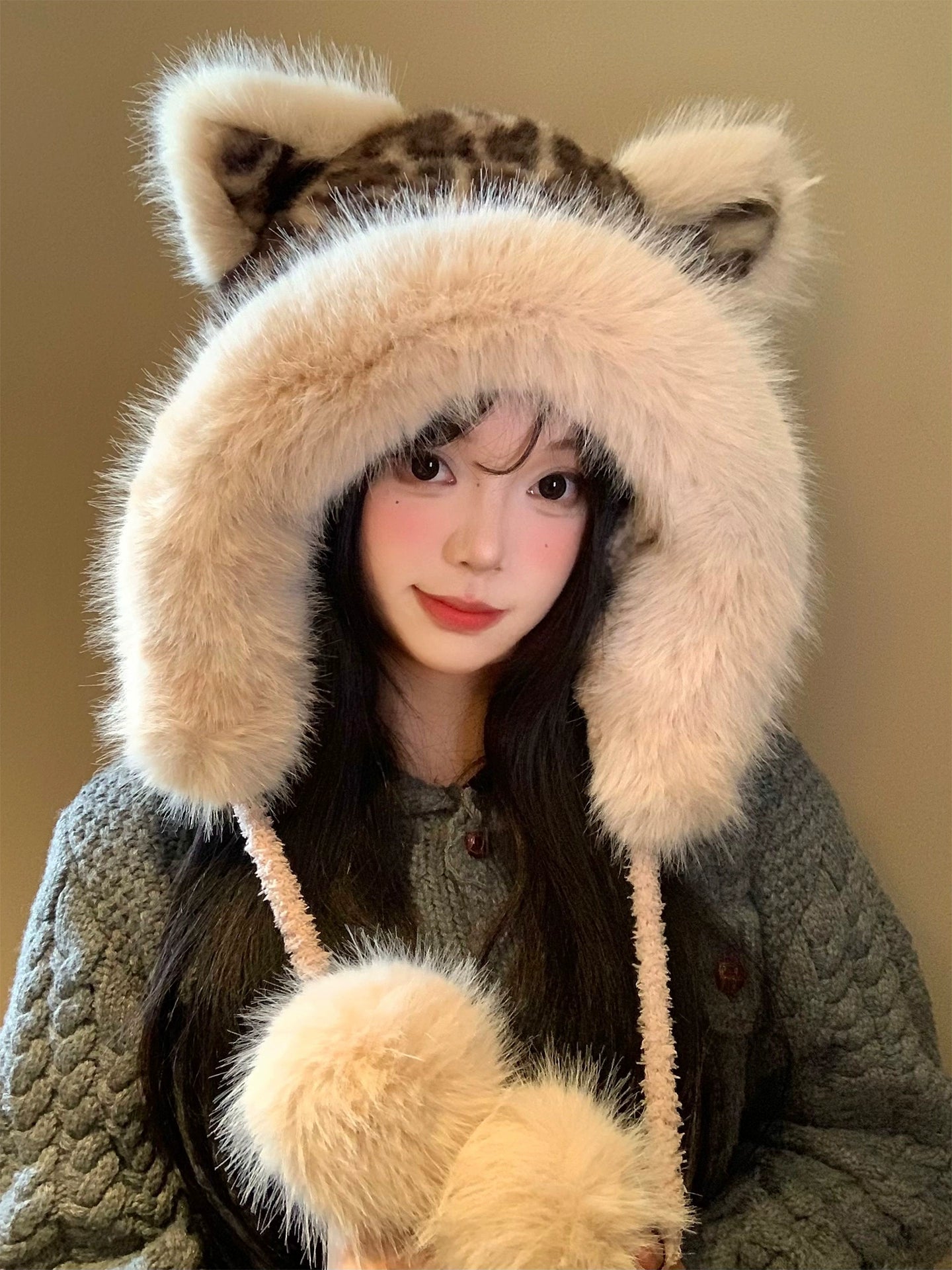 Leopard print fox ear plush hat