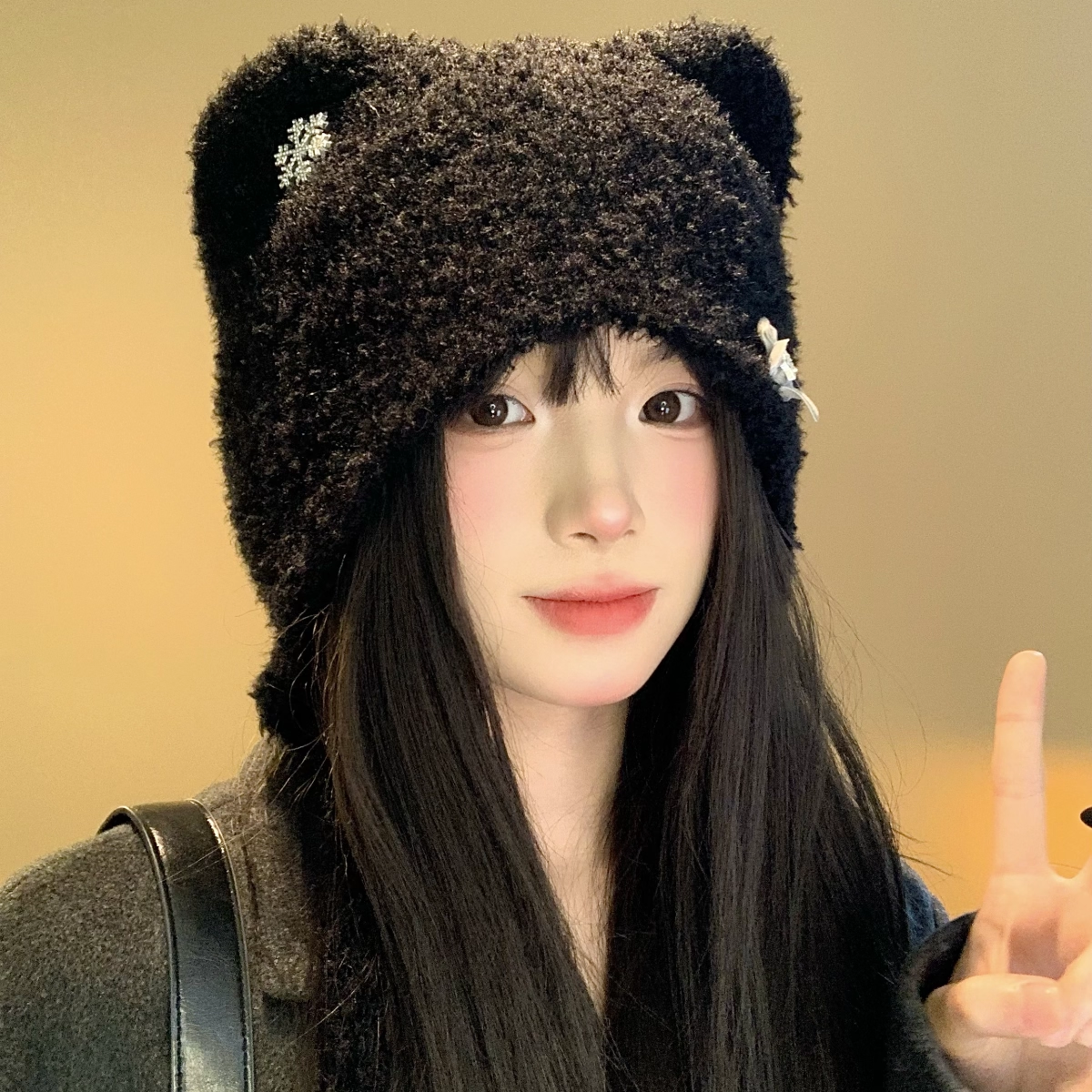Black cat ear woolen hat