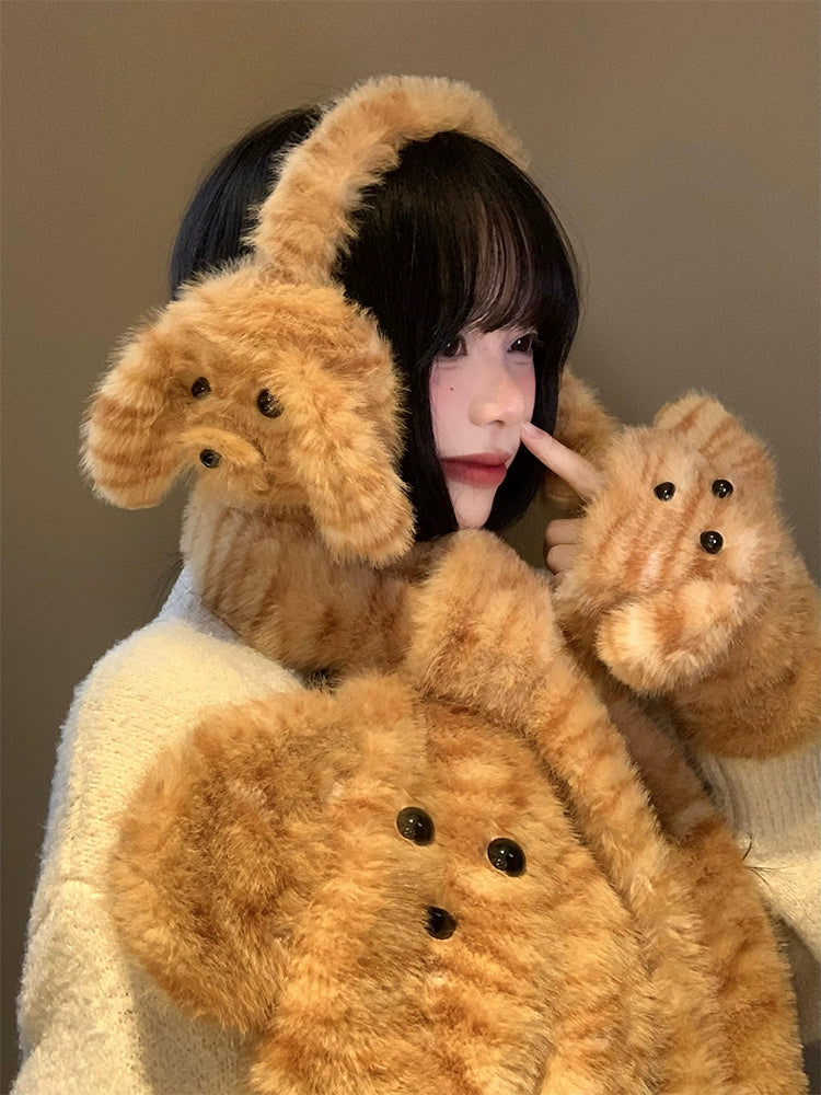 Cute tiger patterned dog scarf, earmuffs, gloves, three piece set