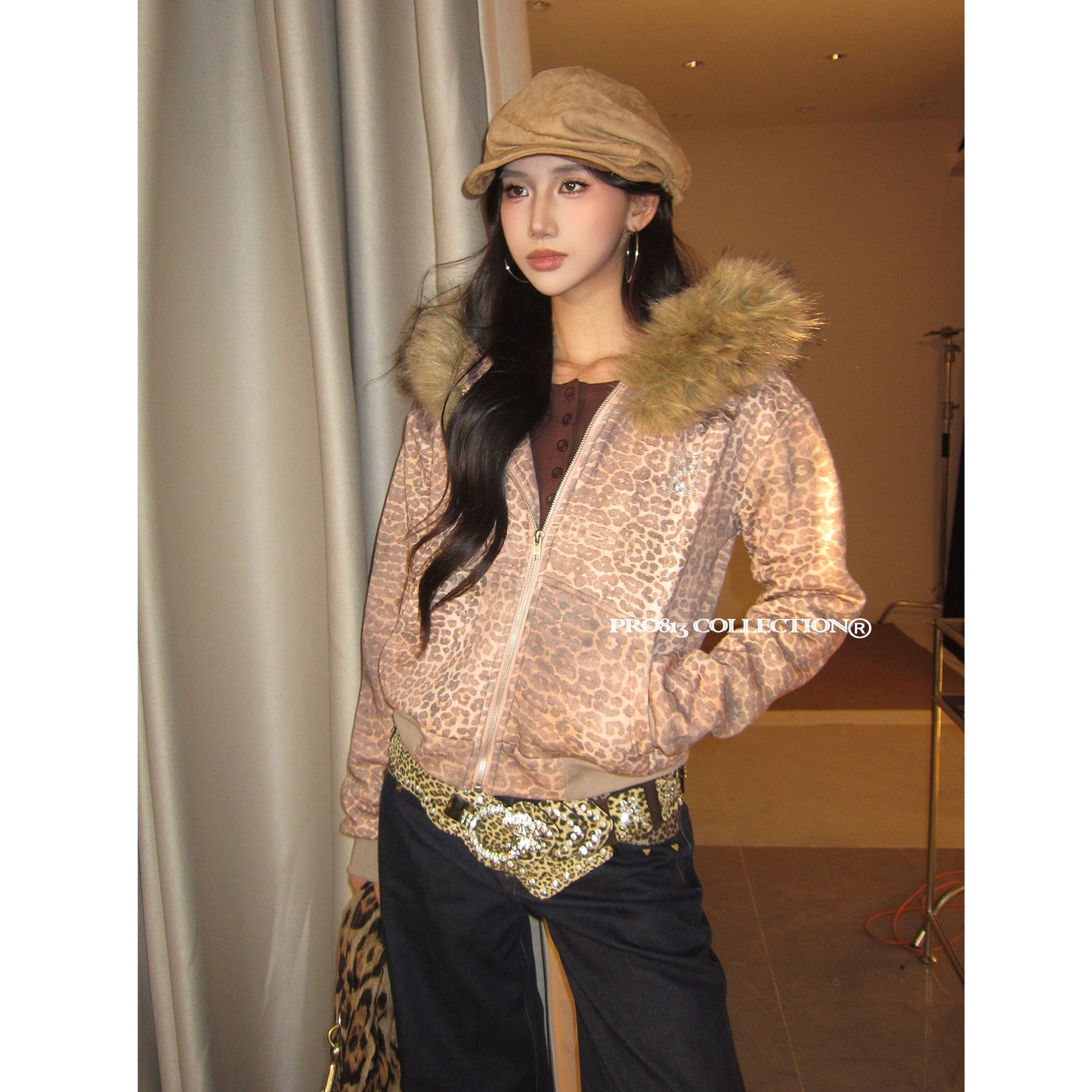 Pink hot diamond leopard print thin fleece hooded sweatshirt