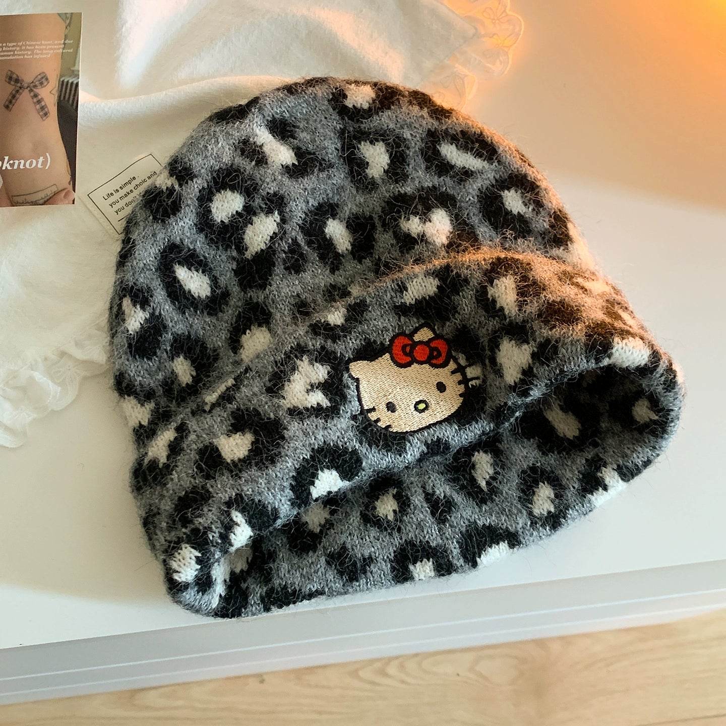 Kitty leopard print woolen hat