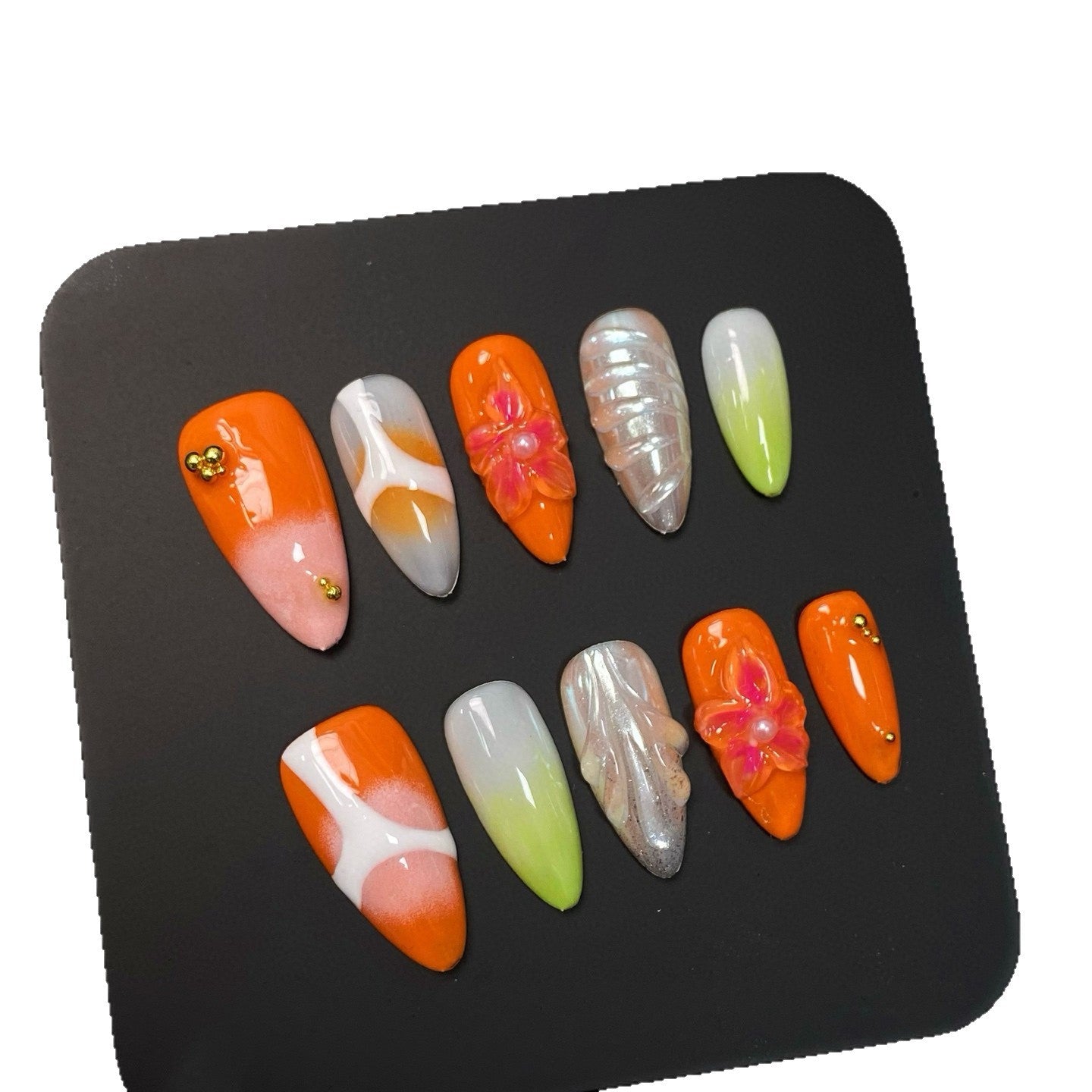 Handmade almond nail carving California sunset nail art nail tip