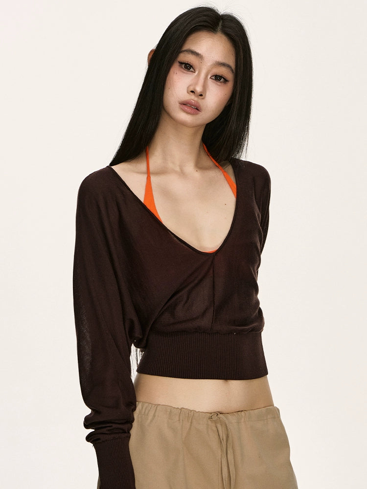 V-neck bat sleeve knitted top