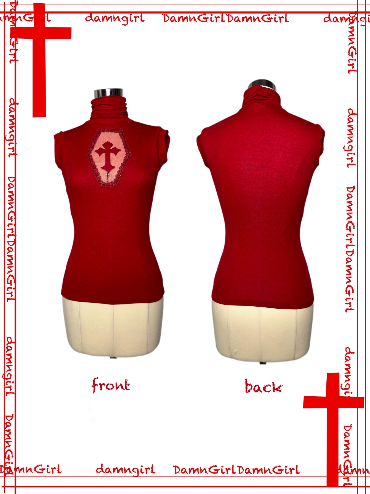Christmas Wine Deep Red Gothic Cross Hollow High Neck Knitted Shirt