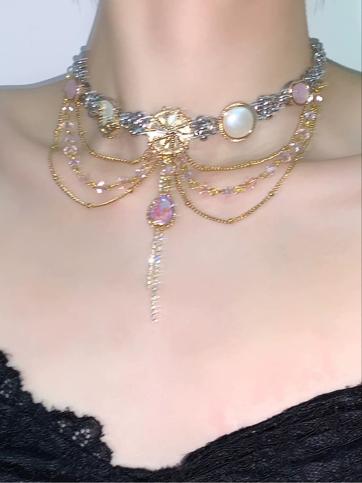 Mermaid Tears "Retro Pink Purple Heavy Industry Tassel Water Drop Titanium Steel Button Choker Necklace