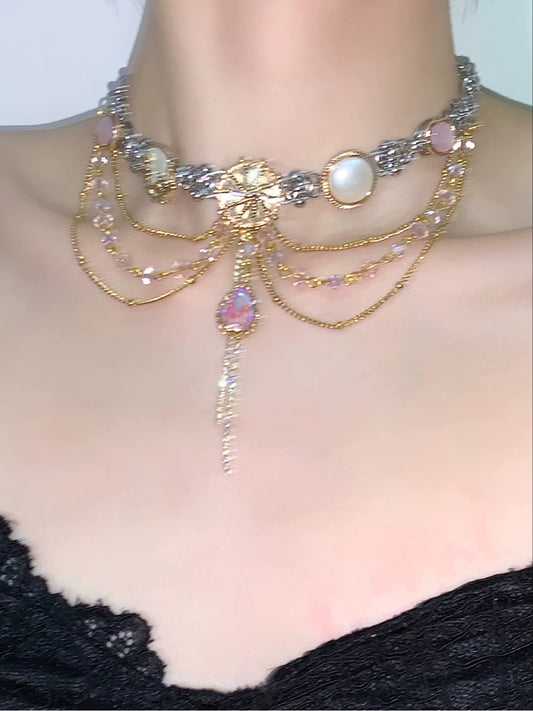 Mermaid Tears "Retro Pink Purple Heavy Industry Tassel Water Drop Titanium Steel Button Choker Necklace