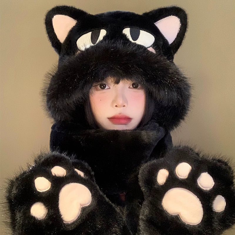 Cute cat plush hat and scarf in one