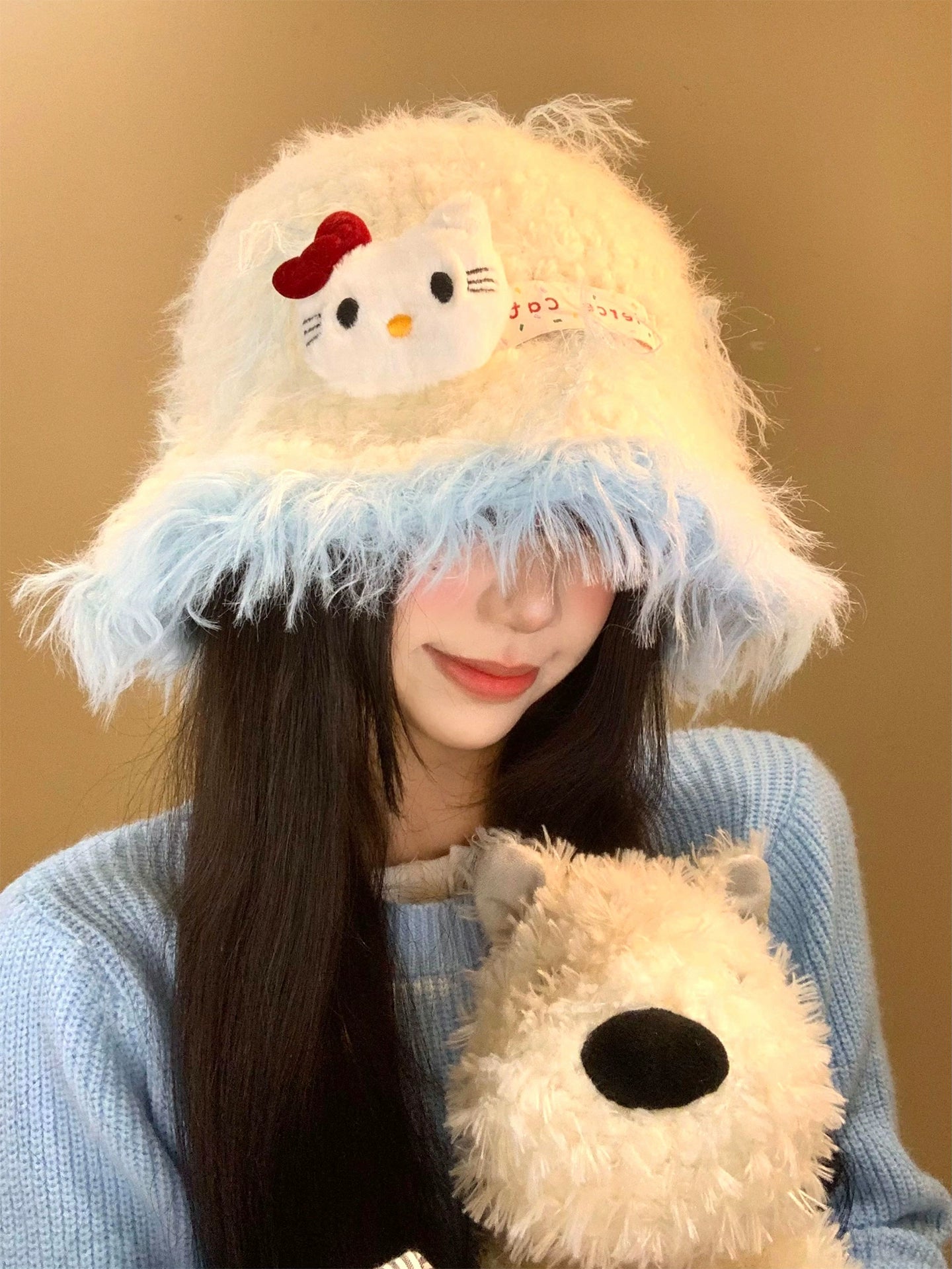 Kitty cat plush knitted fisherman hat