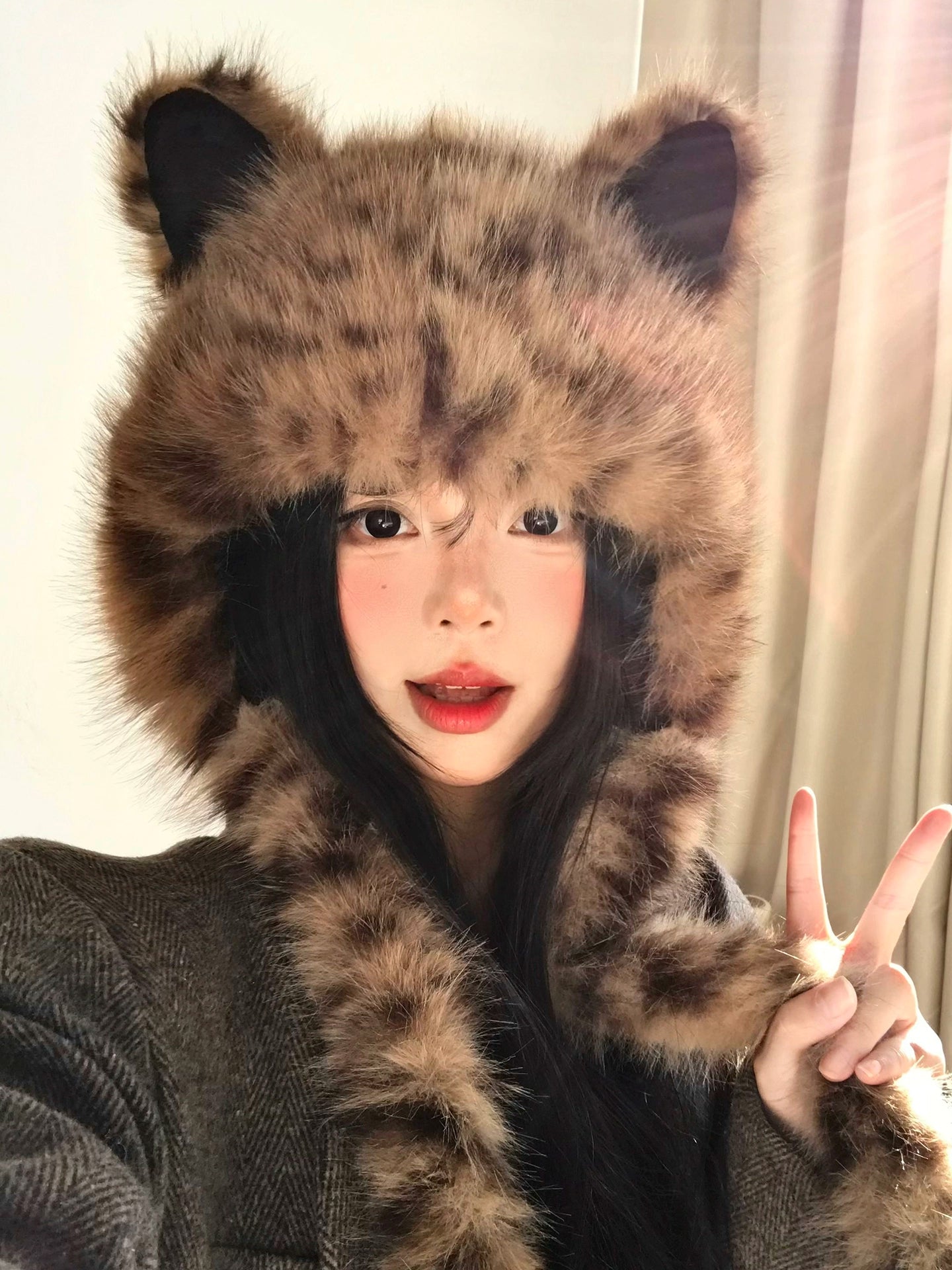 Cute leopard print fox ears plush hat scarf in one