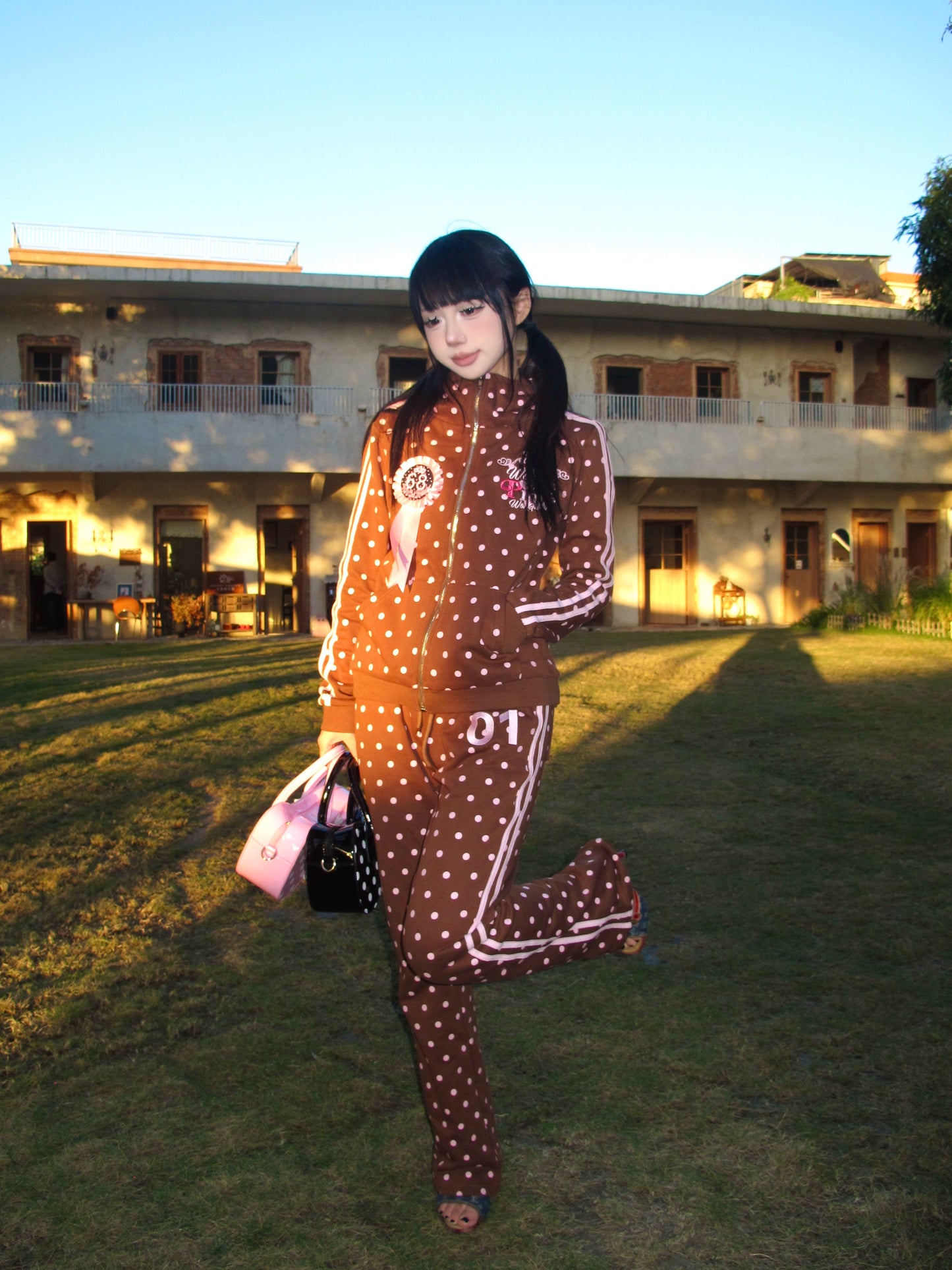 Pink polka dot Y2K brown sports set