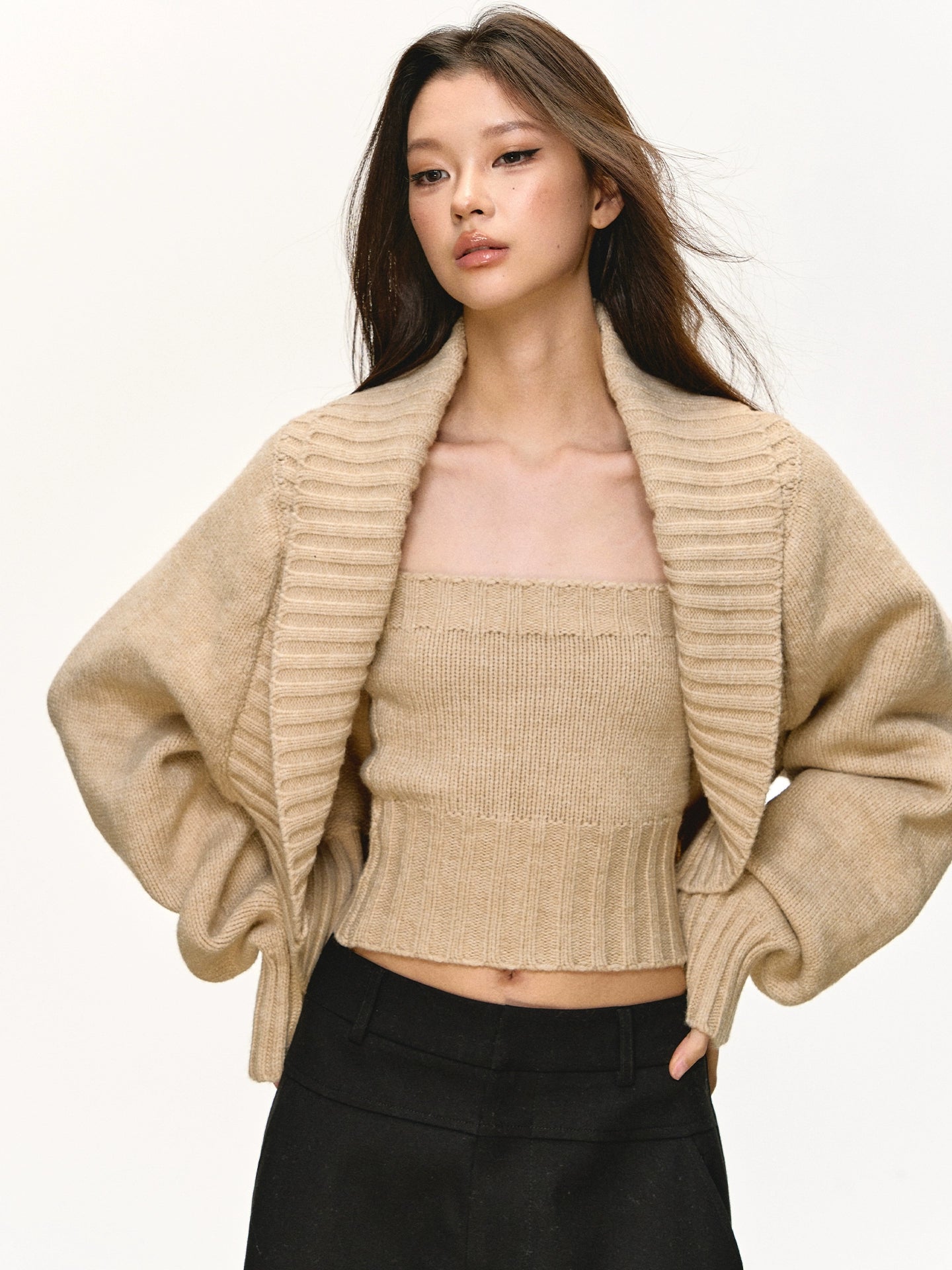 Khaki tube top cardigan sweater set