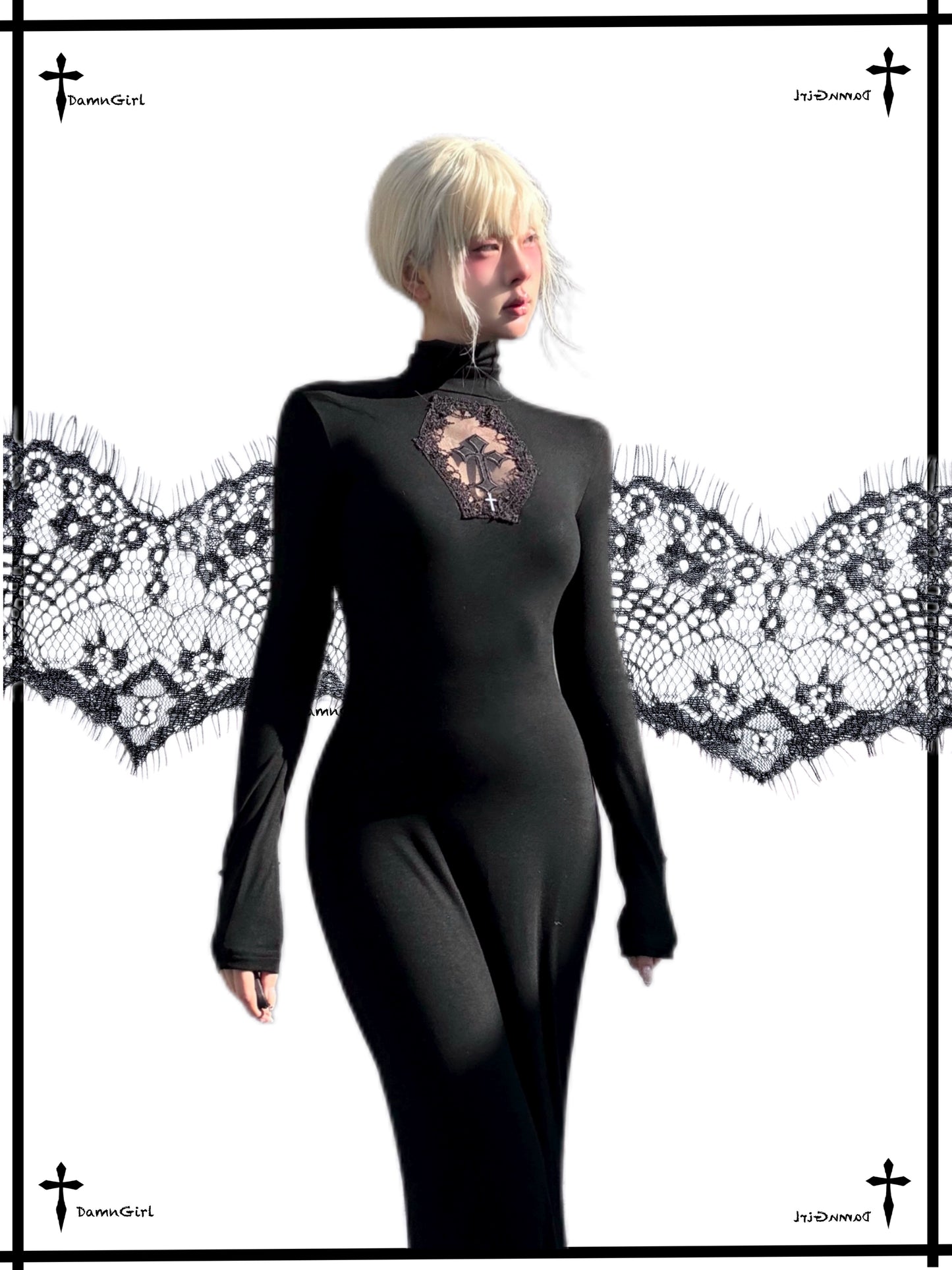 Dark cross fish tail long skirt Gothic mesh hollow dress