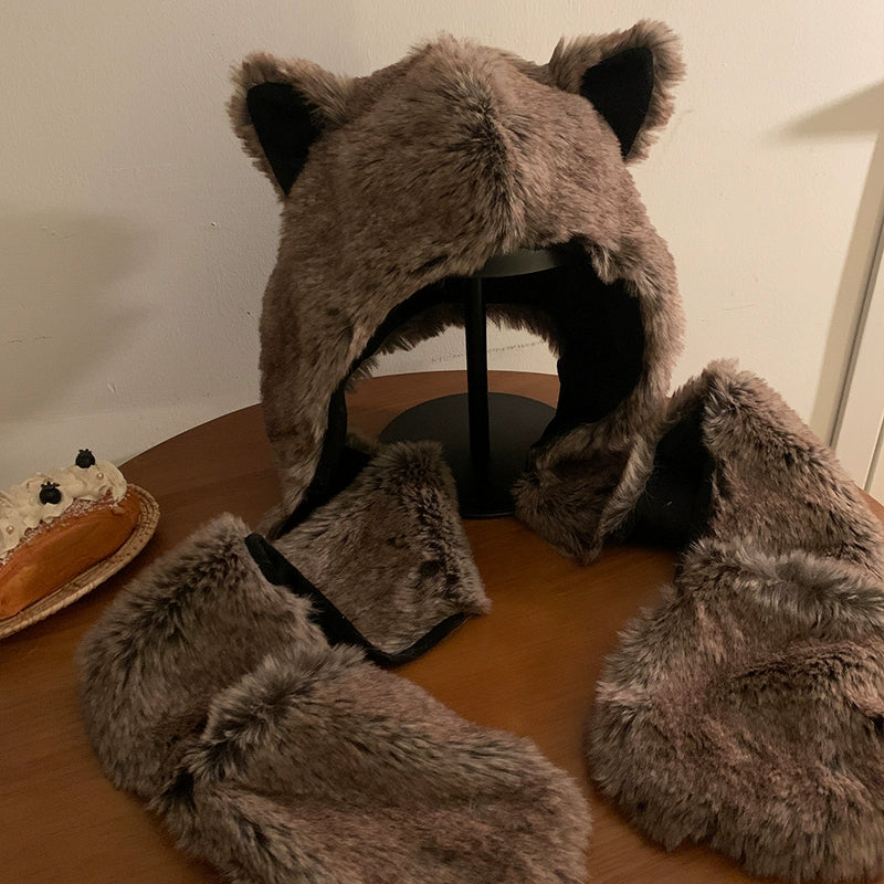 Cute fox ears plush hat scarf hat in one