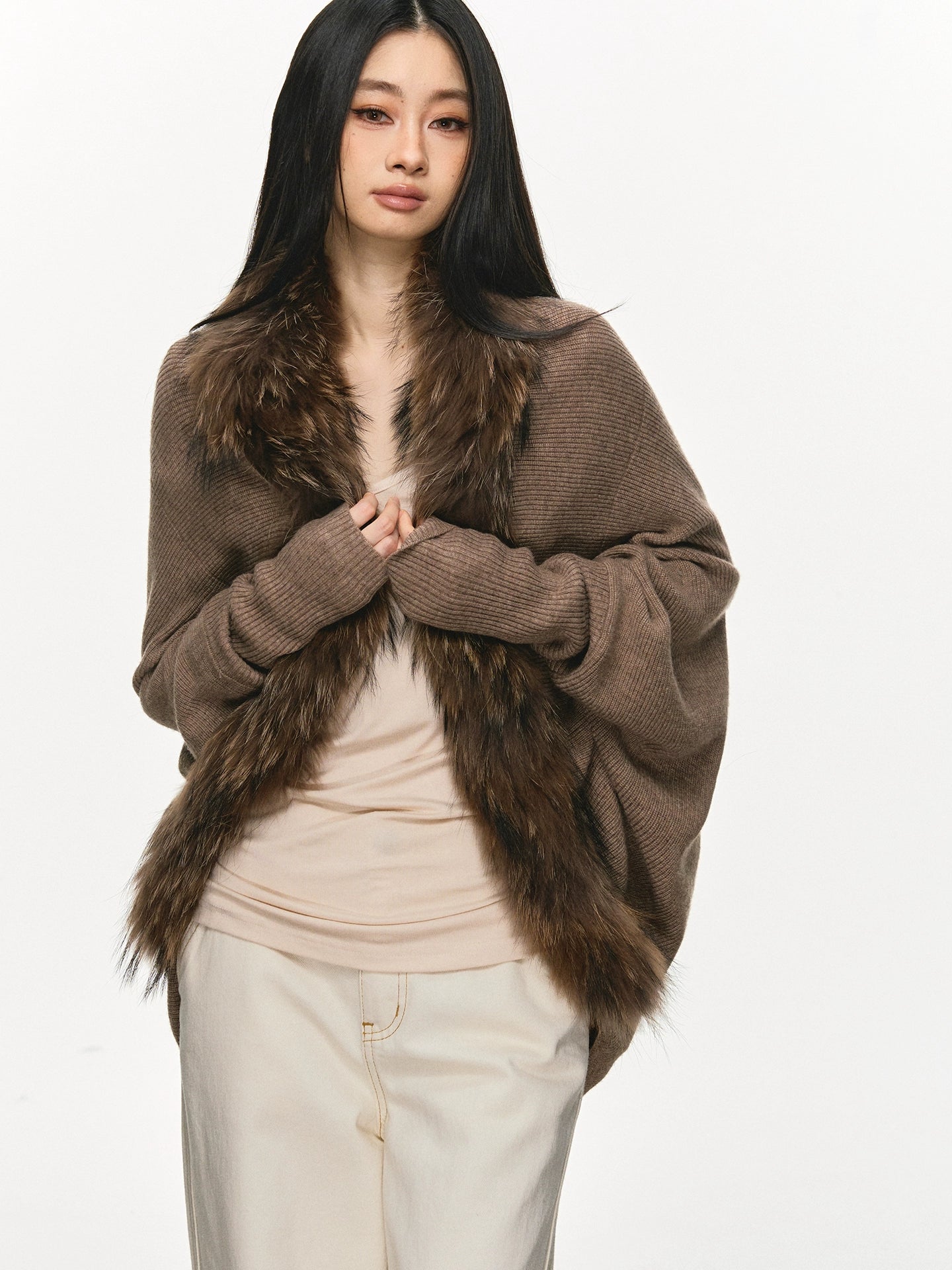 Woolen collar spliced sweater cardigan