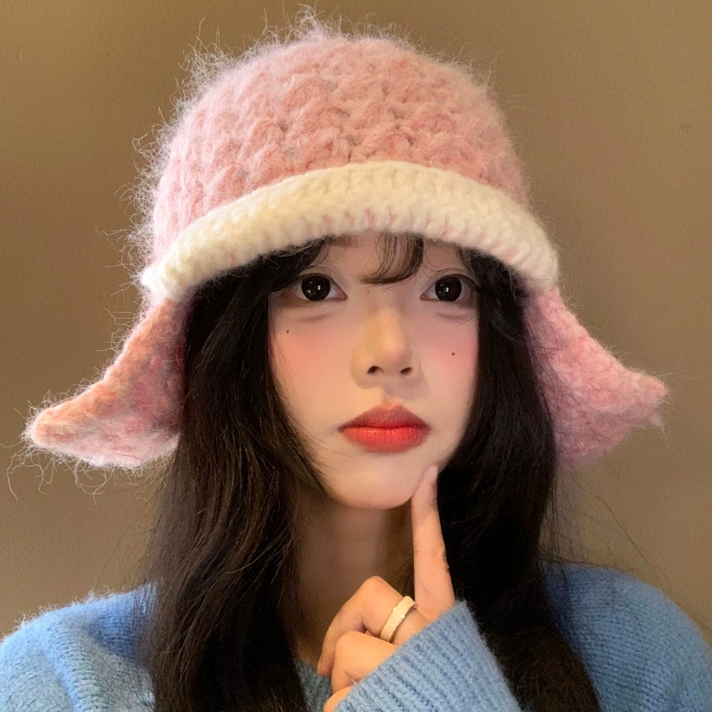 Pink plush knitted ear protection cap