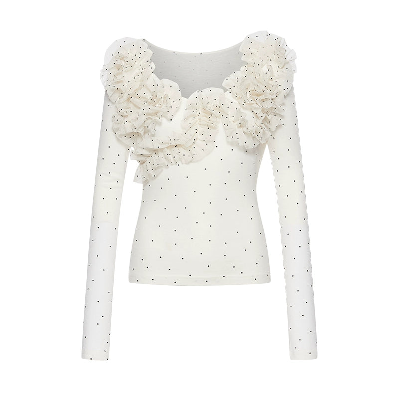 Wave dot fungus lace elastic low neck long sleeved base T-shirt