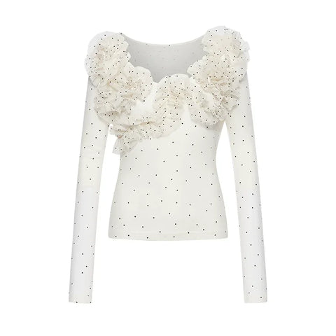 Wave dot fungus lace elastic low neck long sleeved base T-shirt