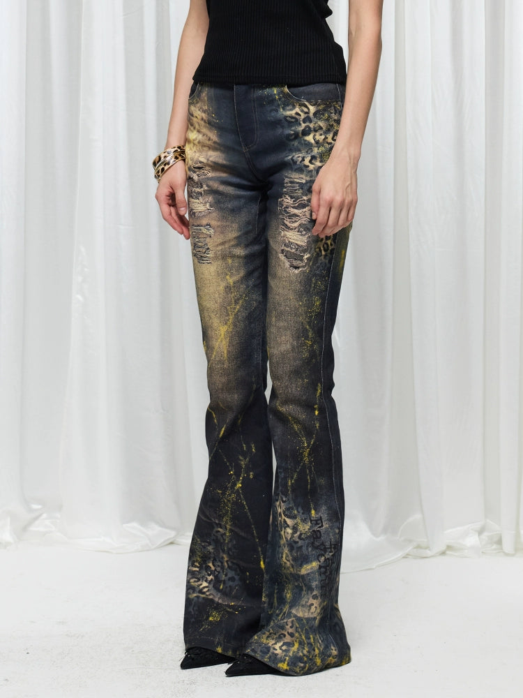 Leopard print hot stamping flared jeans