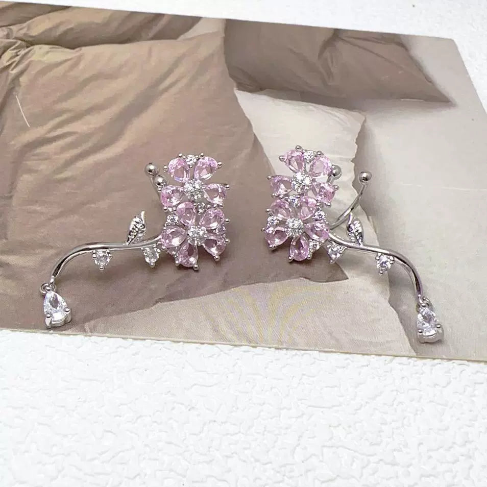 Pink zircon flower ear clip ring