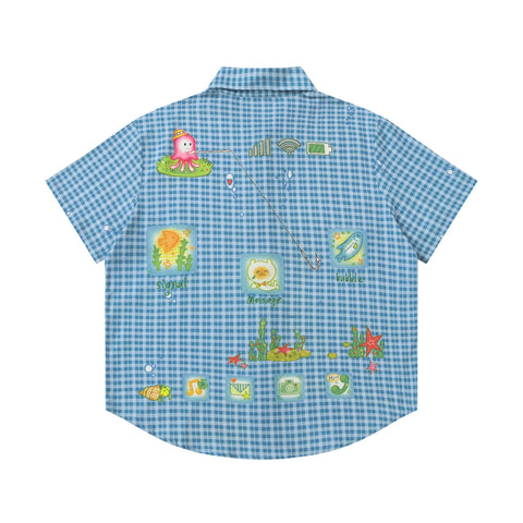 Octopus grass blue plaid short-sleeved shirt