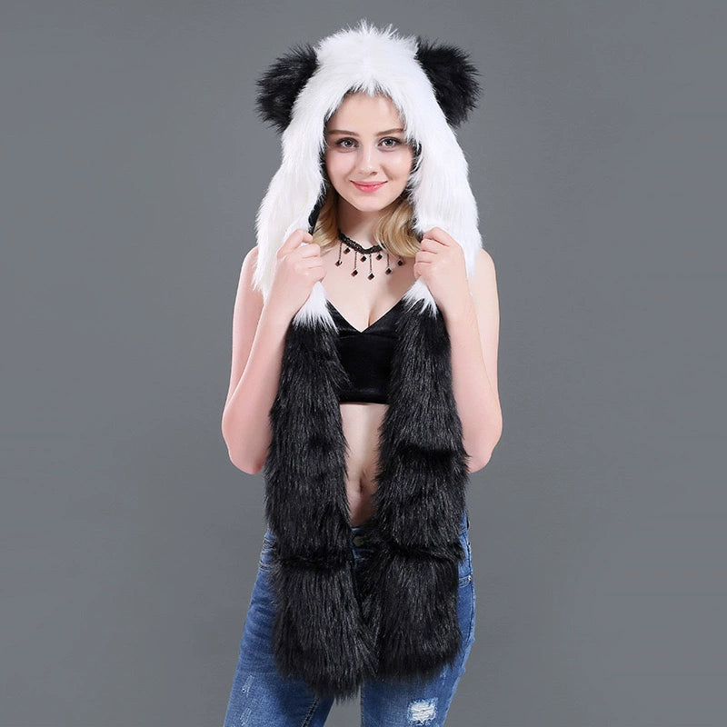 Plush hat faux fur scarf, gloves in one