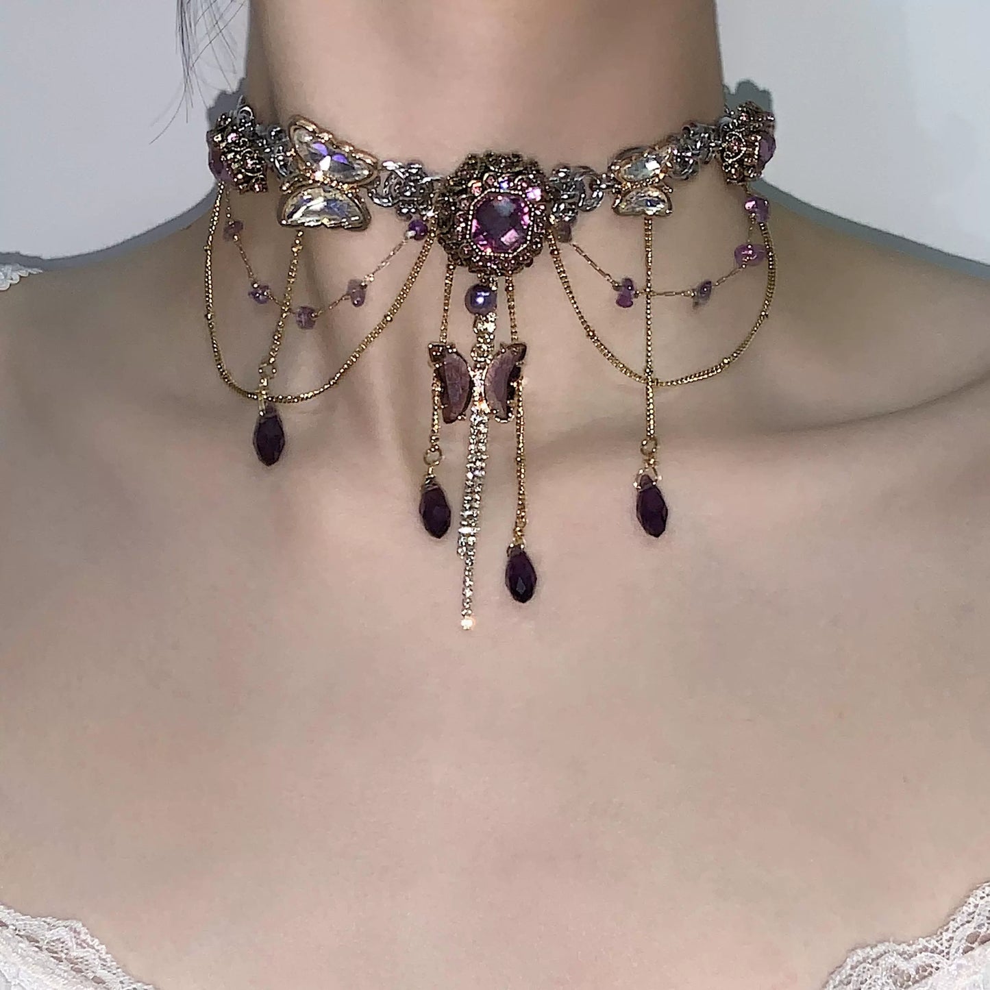 Tea Break Ball "Amethyst Retro Butterfly Tassel Titanium Steel Necklace