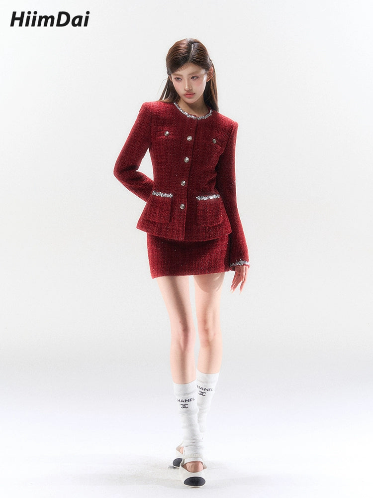 Silver-Woven Wine Red Jacket & mini Skirt Set