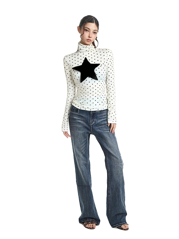 High neck polka dot heart-shaped long sleeved Top